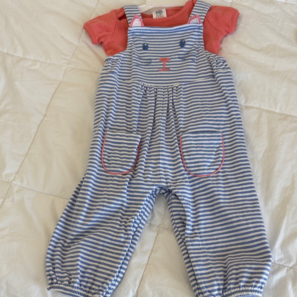 Mini Boden Blue & White Striped Overalls with Coral onesie